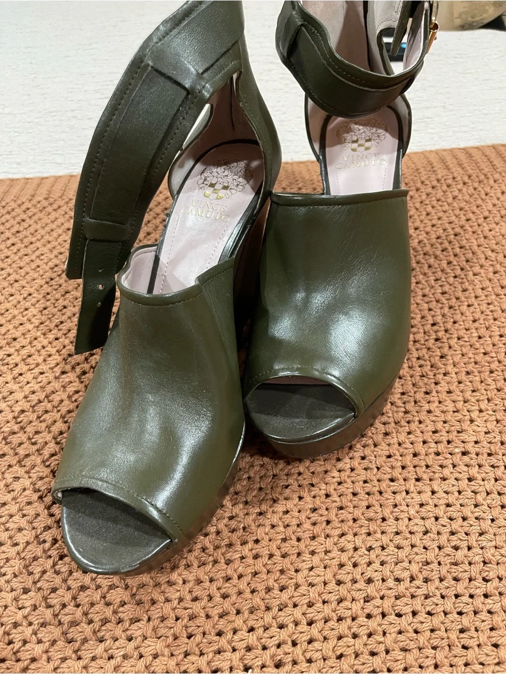 Vince Camuto Olive Green Peep-Toe Wedge Sandals with Buckle